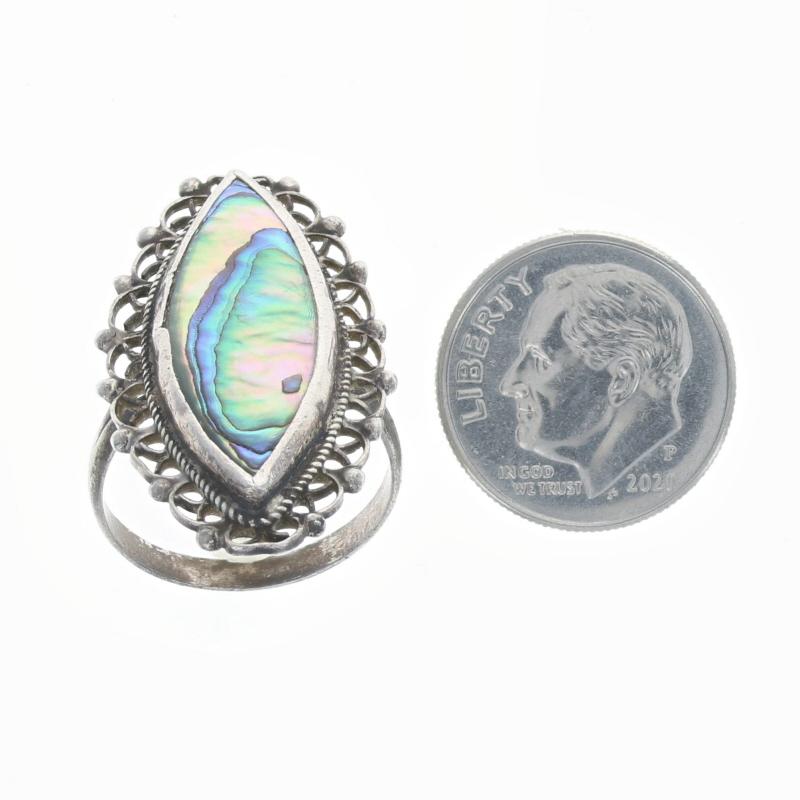 Sterling Abalone Cocktail Solitaire Filigree Lace Ring - 925 Mexico Size 6 1/4 For Sale 1