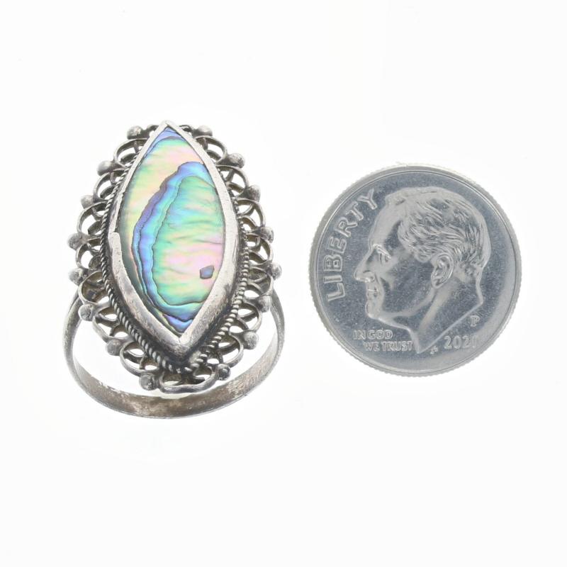 Sterling Abalone Cocktail Solitär Filigraner Spitzenring - 925 Mexiko Größe 6 1/4 1