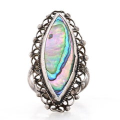 Used Sterling Abalone Cocktail Solitaire Filigree Lace Ring - 925 Mexico Size 6 1/4