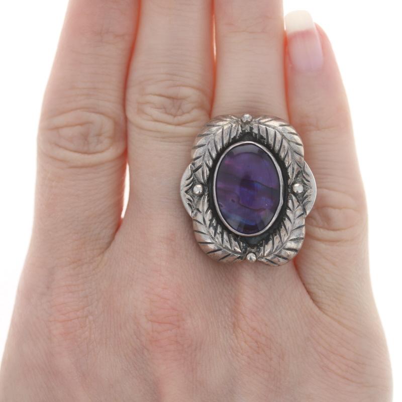Sterling Abalone under Resin Southwestern Cocktail Solitaire Ring 925 Feathers In Excellent Condition For Sale In Greensboro, NC