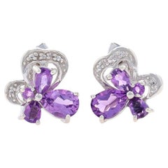 Sterling Amethyst Clover J- Hoop Earrings 925 Pear & Rnd 1.95ctw Flowers Pierced