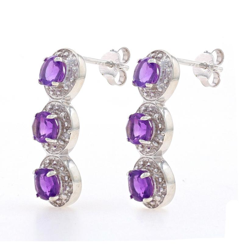 Round Cut Sterling Amethyst & Diamond Three-Stone Drop Earrings 925 1.80ctw Halo-Inspired For Sale