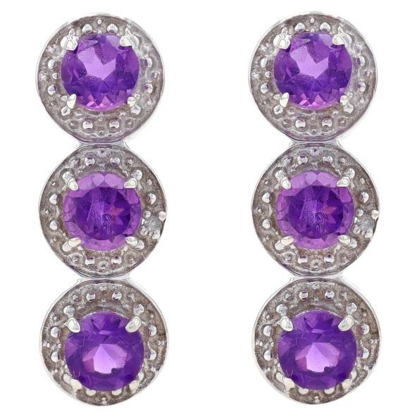Sterling Amethyst & Diamond Three-Stone Drop Earrings 925 1.80ctw Halo-Inspired For Sale