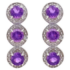 Sterling Amethyst & Diamond Three-Stone Drop Earrings 925 1.80ctw Halo-Inspired