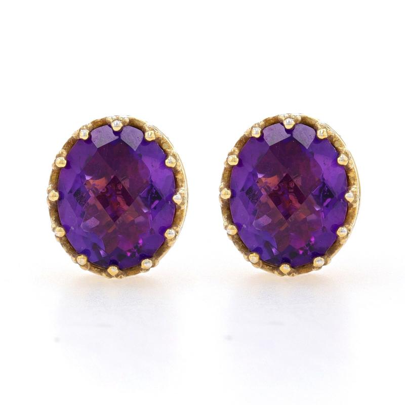 Metal Content: Sterling Silver (gold plated)

Stone Information
Natural Amethysts
Carat(s): 6.40ctw
Cut: Oval Checkerboard
Color: Purple

Total Carats: 6.40ctw

Style: Large Stud
Fastening Type: Butterfly Closures

Measurements
Tall: 1/2