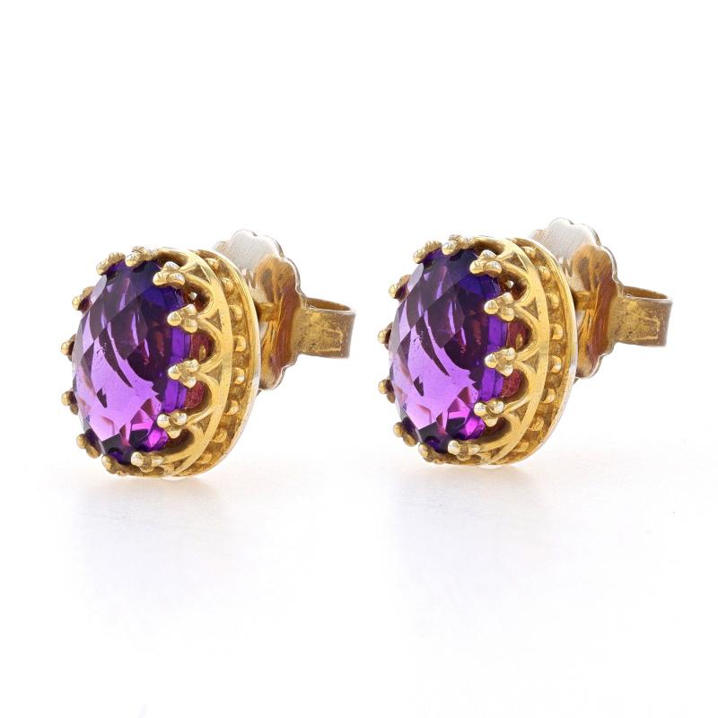 Oval Cut Sterling Amethyst Large Stud Earrings -925 Gold Plated Oval Checkerboard 6.40ctw For Sale