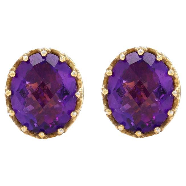 Sterling Amethyst Large Stud Earrings -925 Gold Plated Oval Checkerboard 6.40ctw For Sale