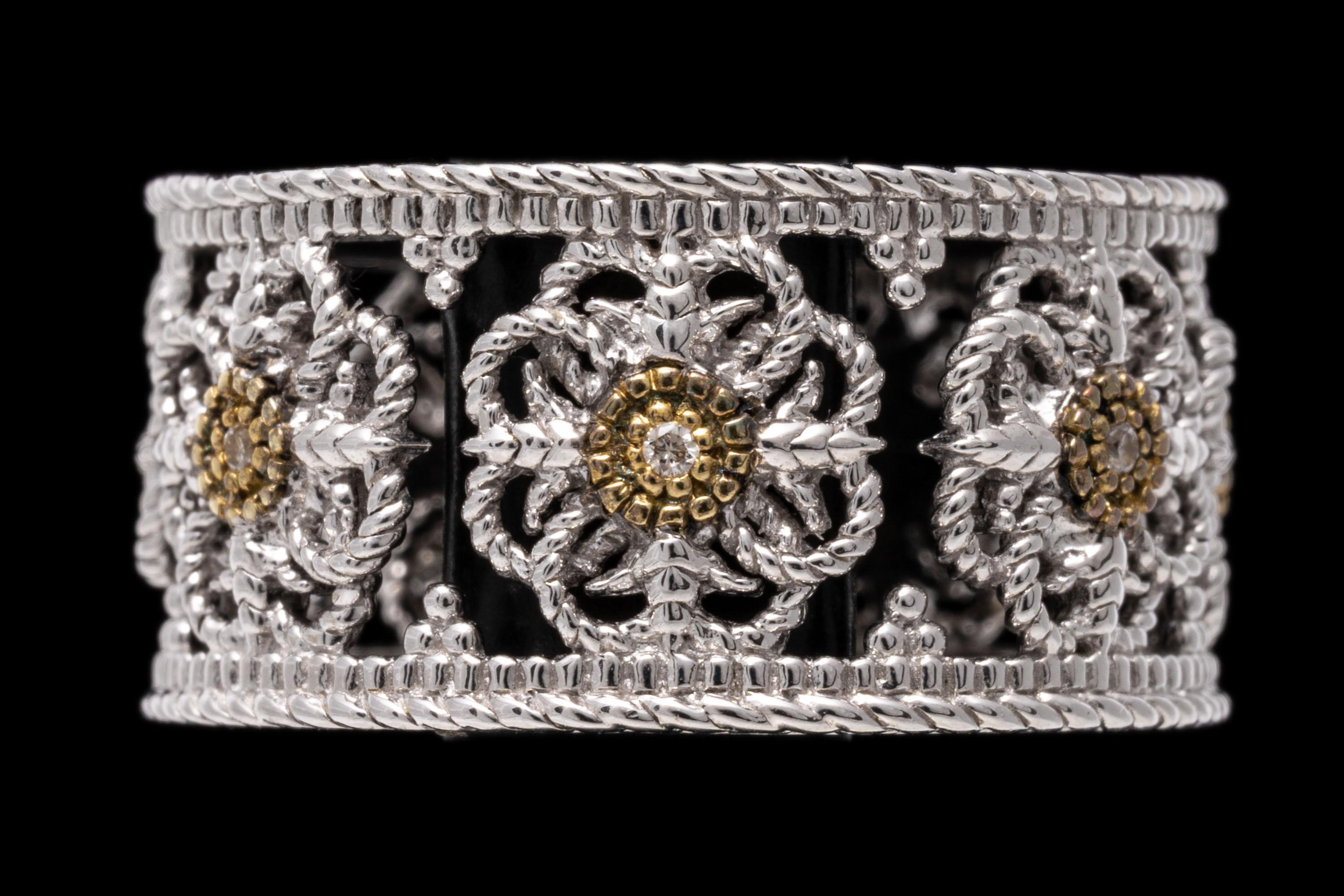 Contemporary Sterling and 18k Ultra Wide Flower Pattern Eternity Band with Diamonds For Sale