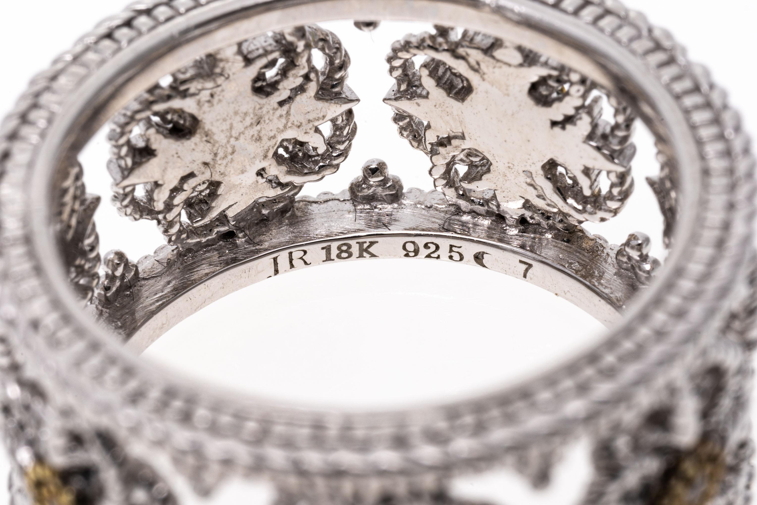 Sterling and 18k Ultra Wide Flower Pattern Eternity Band with Diamonds In Good Condition For Sale In Fairfield, CT