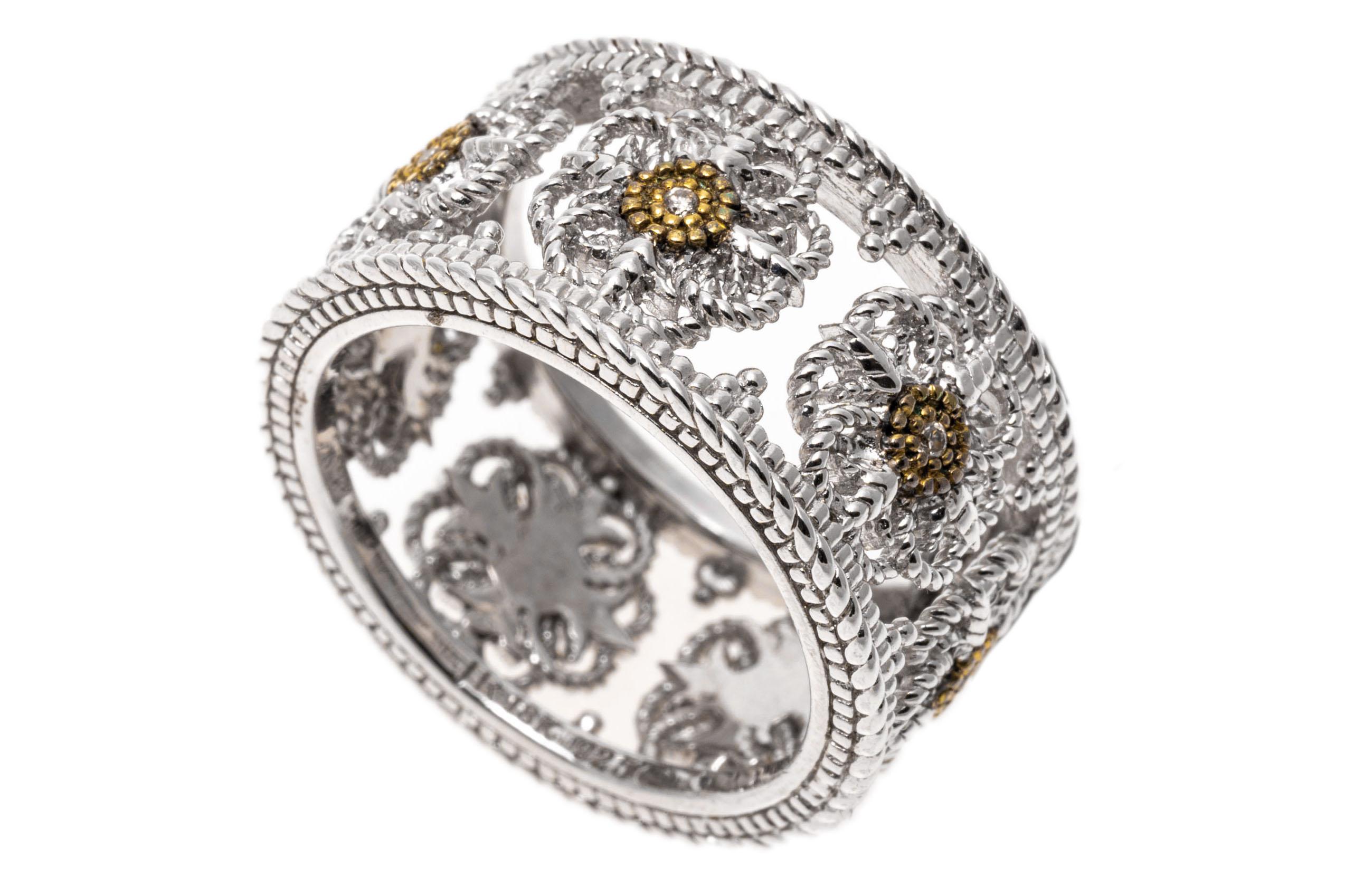 Eternity-Ring aus Sterlingsilber und 18 Karat mit ultra breitem Blumenmuster und Diamanten Damen im Angebot