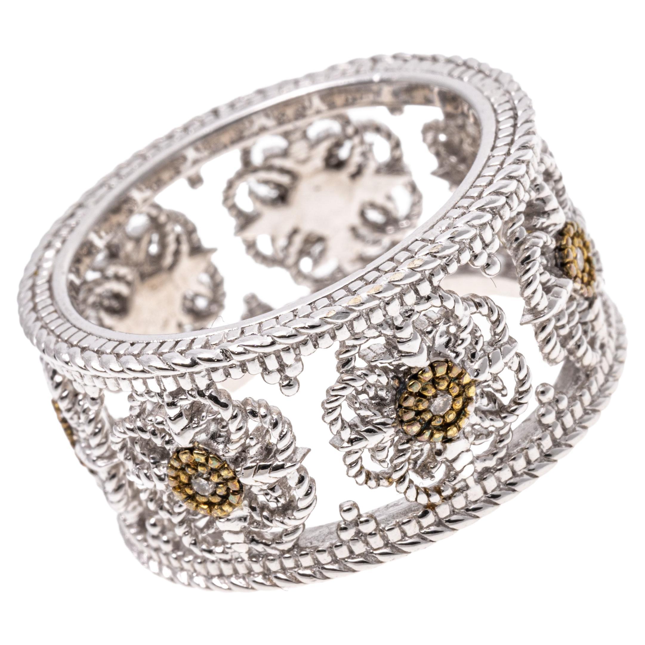 Eternity-Ring aus Sterlingsilber und 18 Karat mit ultra breitem Blumenmuster und Diamanten im Angebot