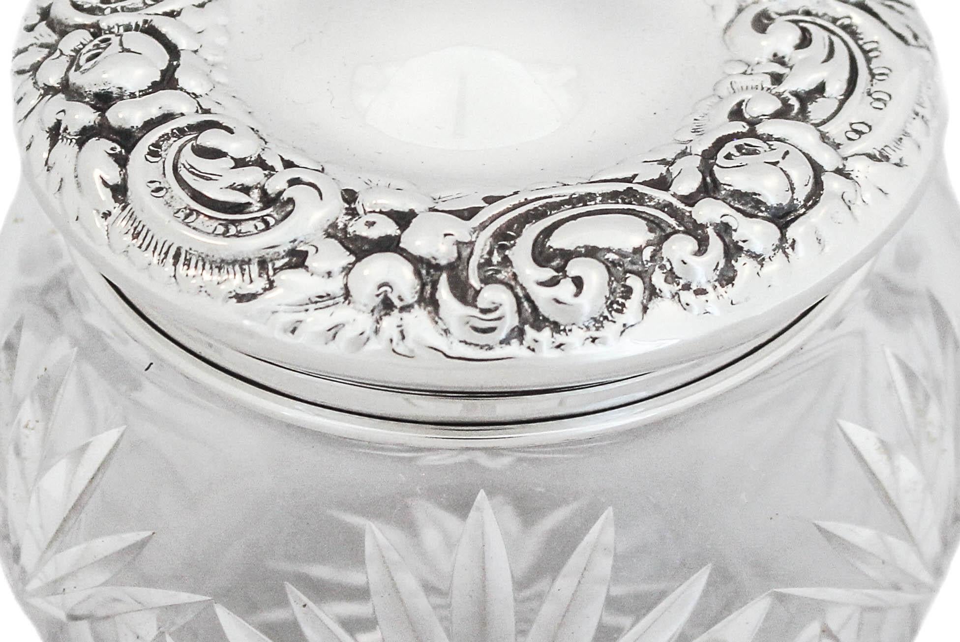 Mid-20th Century Sterling and Crystal Repousse Jar