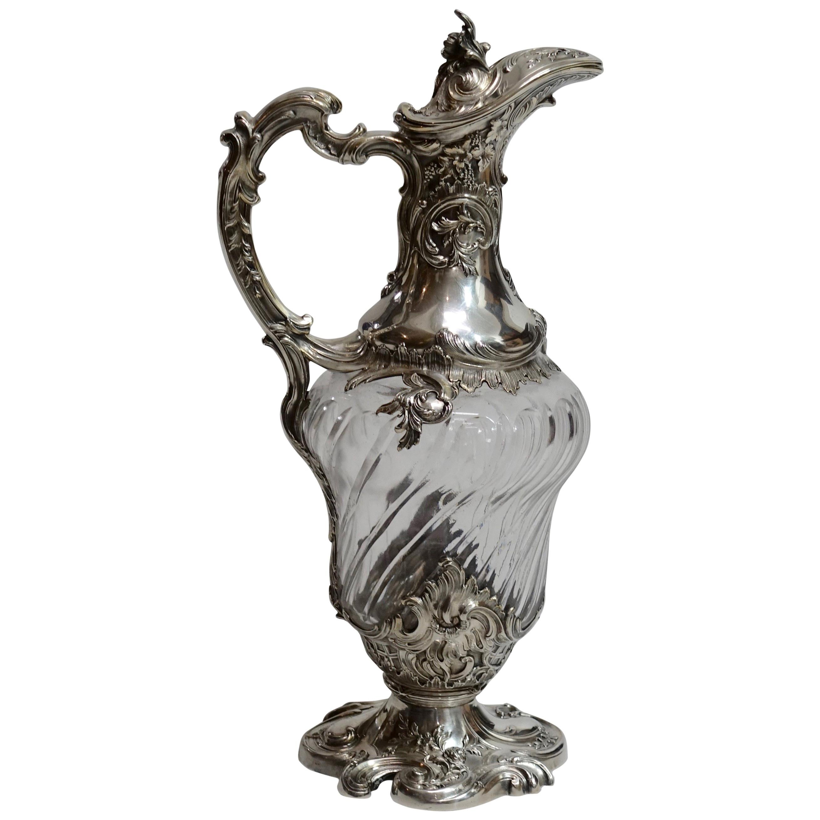 Sterling and Cut Glass Claret Pitcher, French, 19th Century