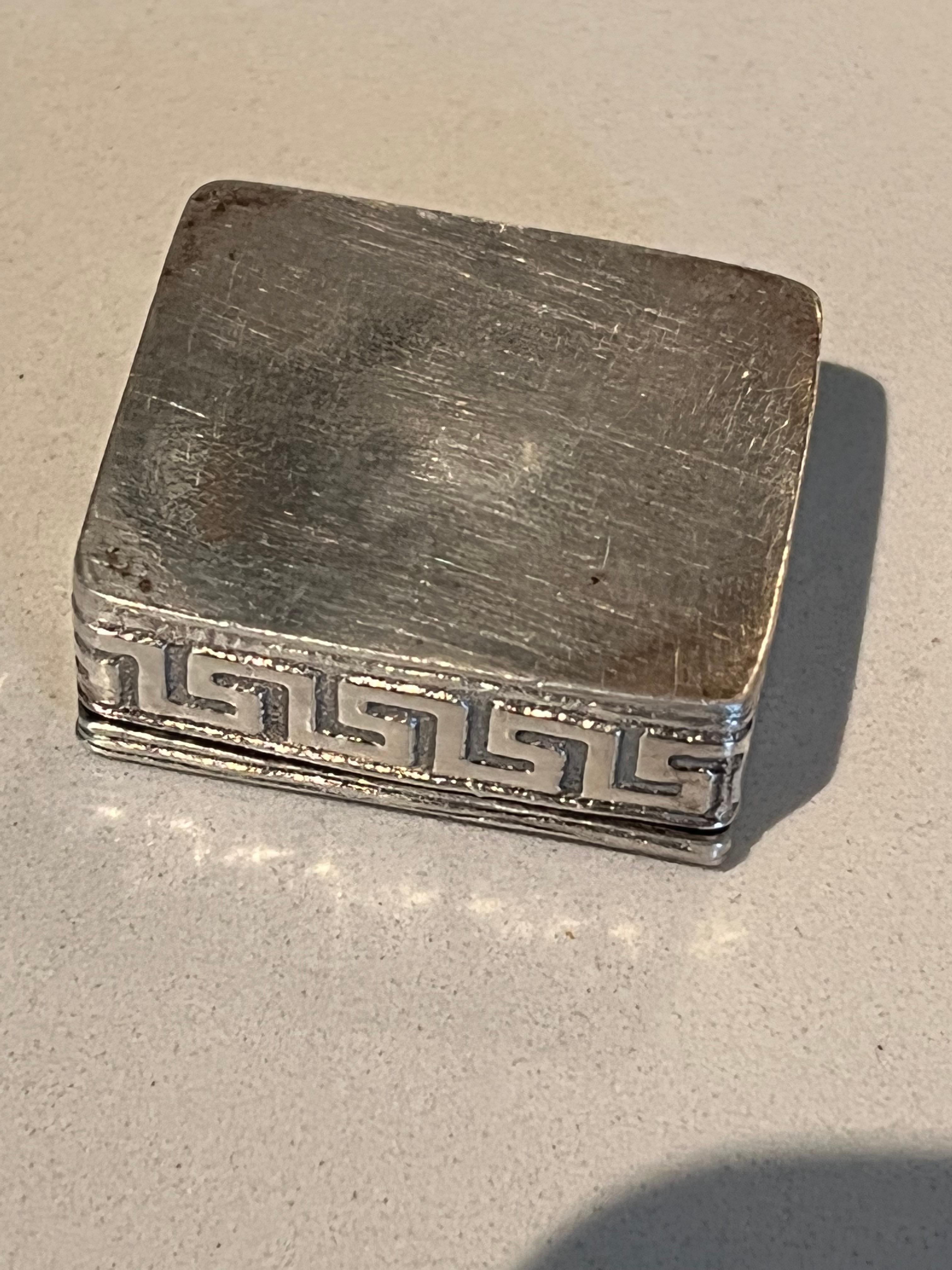 Sterling Silver Sterling and Enamel Snuff or Pill Box with Greek Key Detailing For Sale