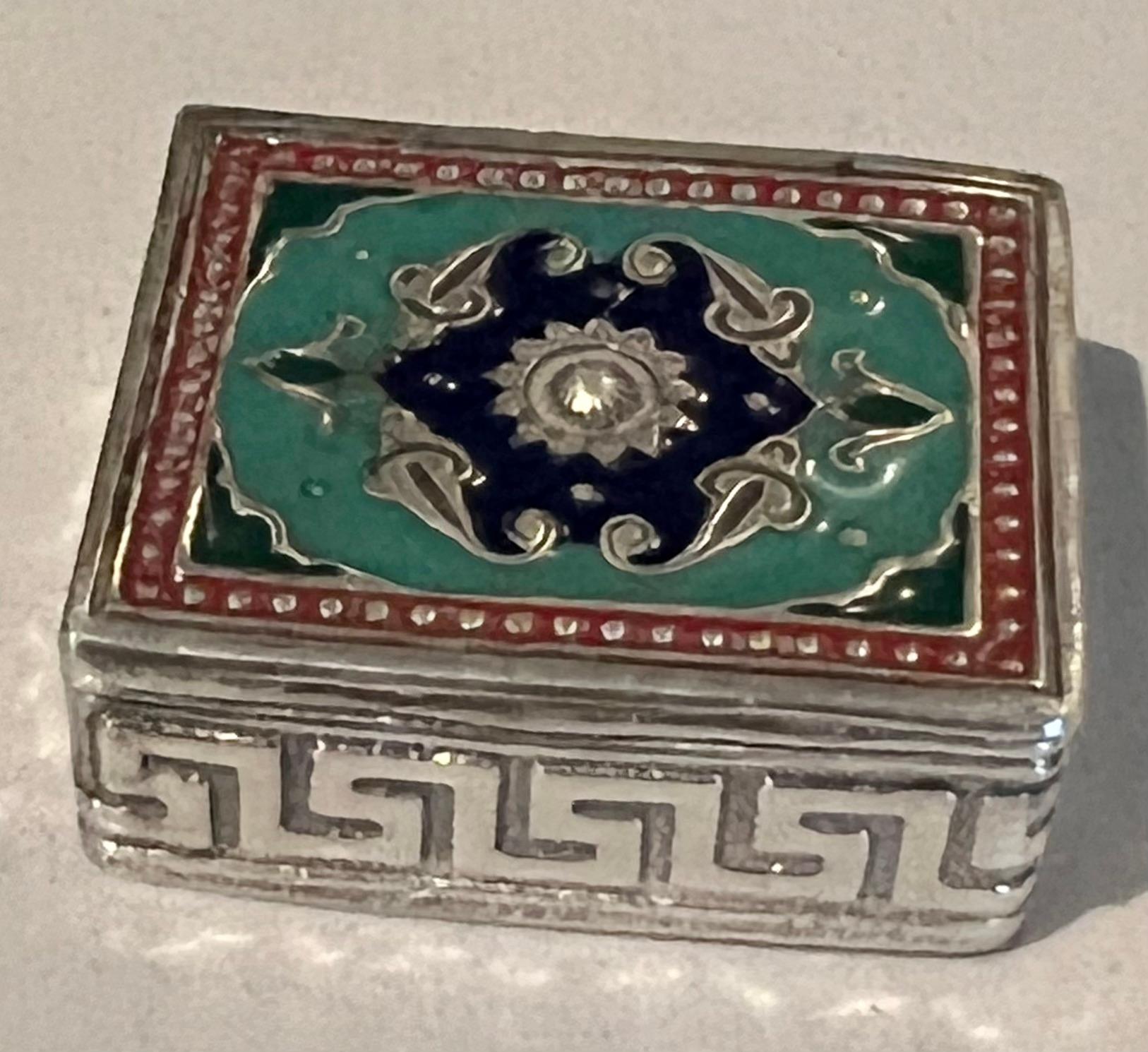 Mid-Century Modern Sterling and Enamel Snuff or Pill Box with Greek Key Detailing For Sale