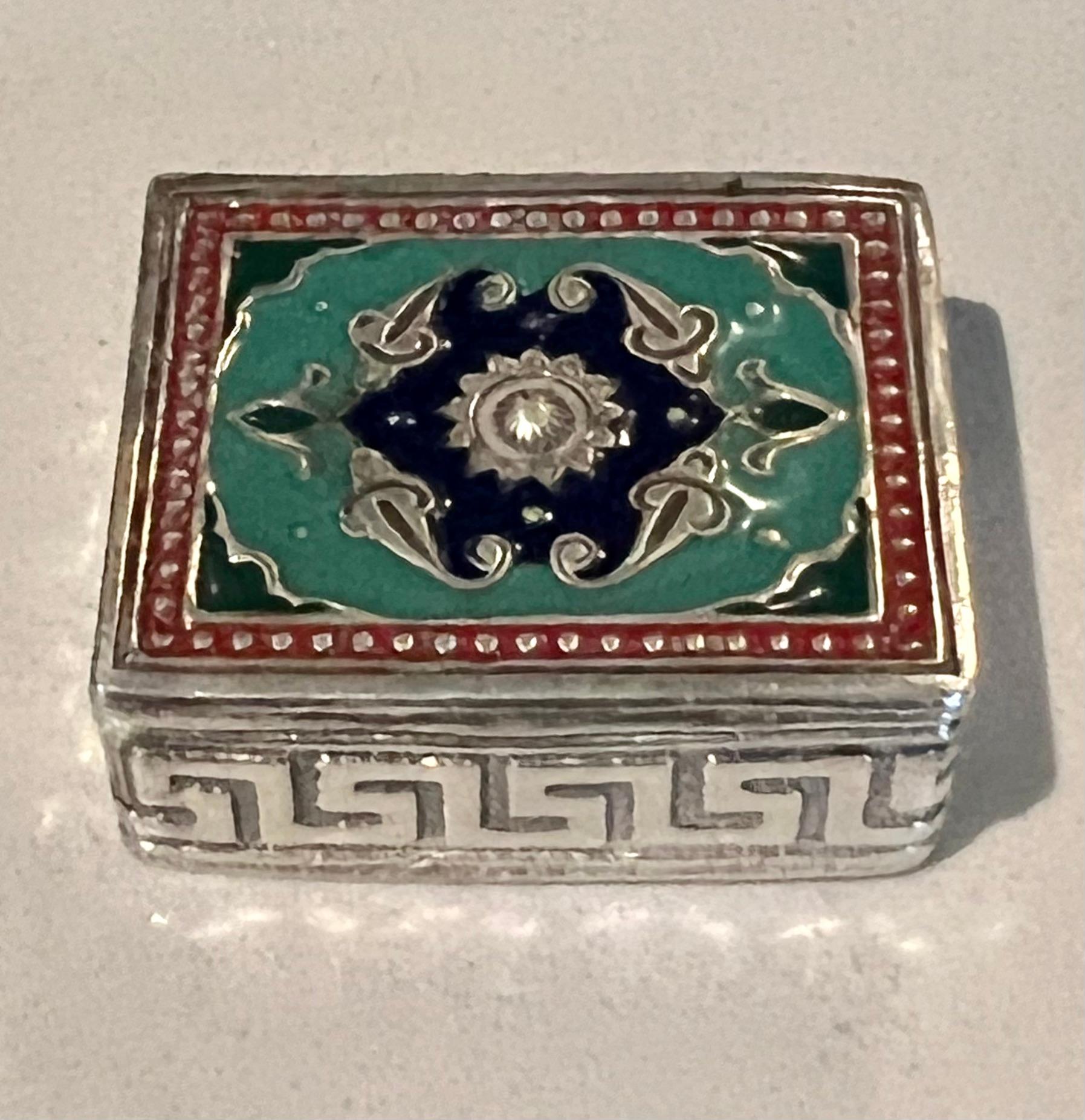 European Sterling and Enamel Snuff or Pill Box with Greek Key Detailing For Sale