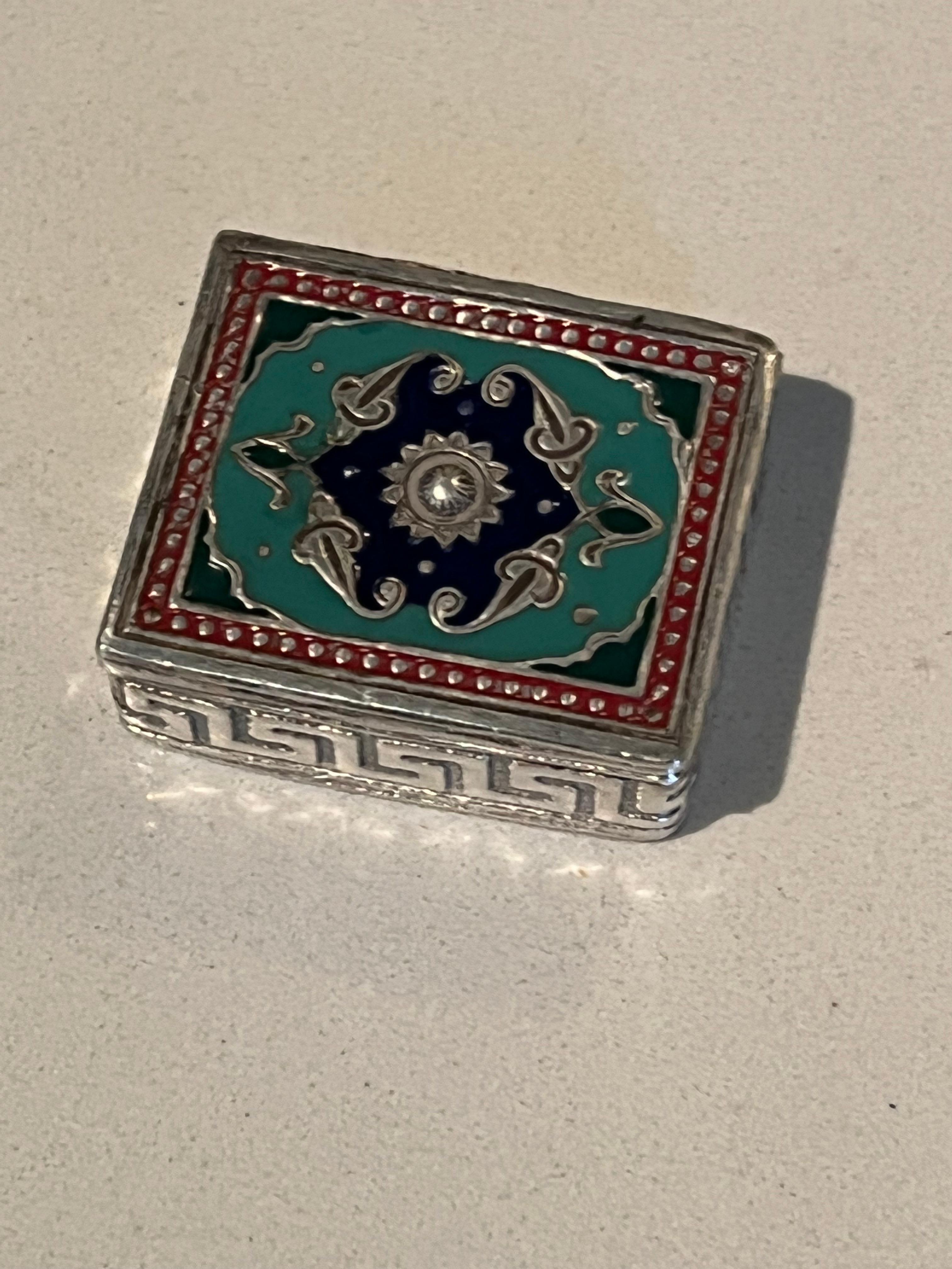 Hand-Crafted Sterling and Enamel Snuff or Pill Box with Greek Key Detailing For Sale
