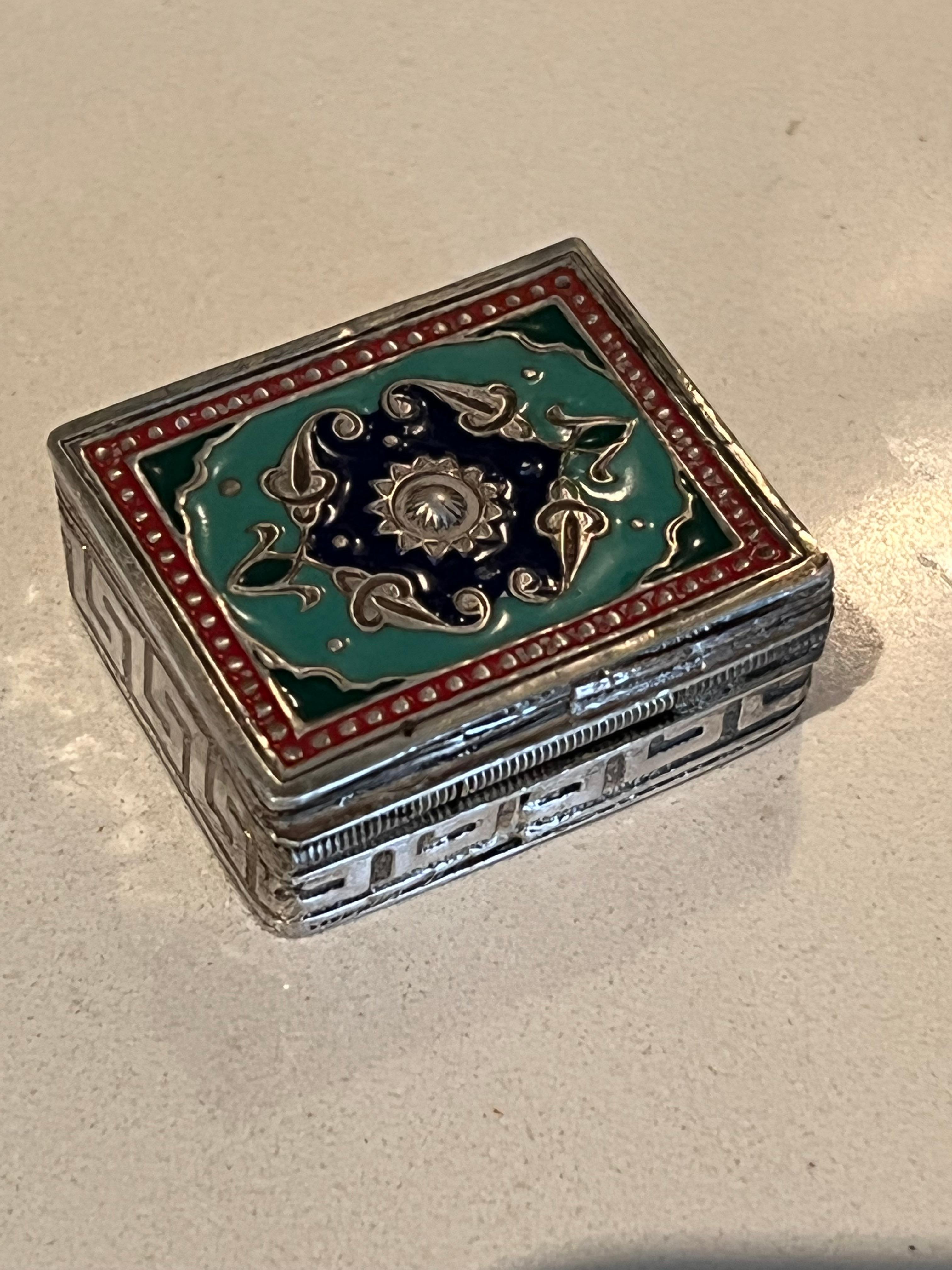20th Century Sterling and Enamel Snuff or Pill Box with Greek Key Detailing For Sale
