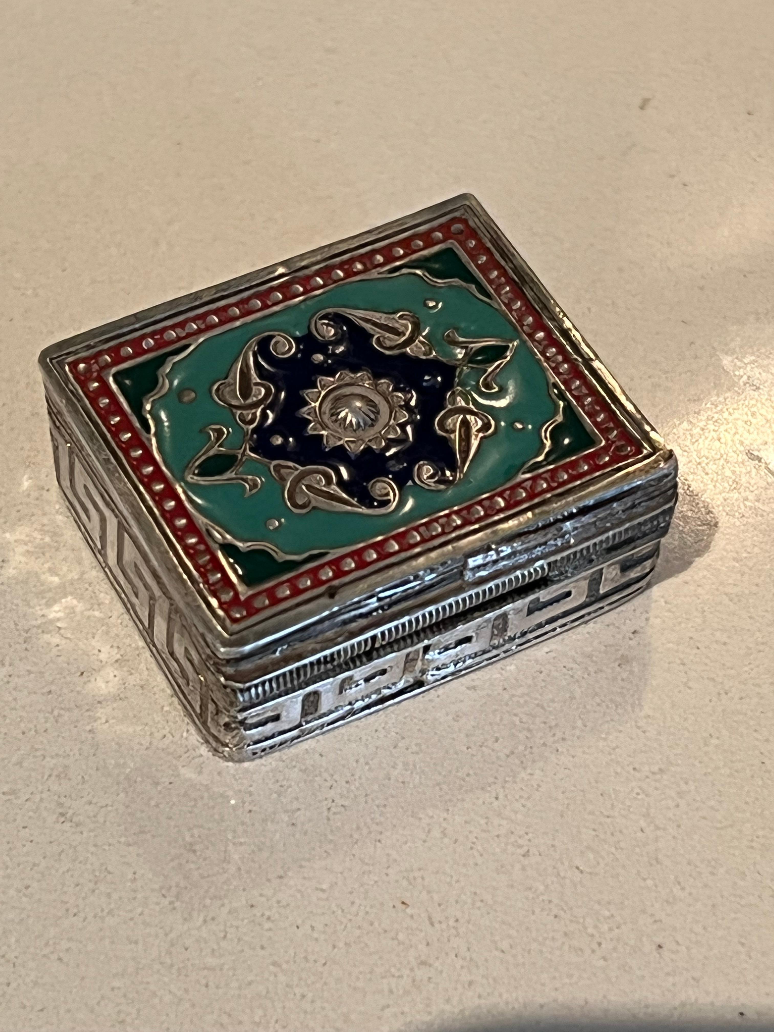 20th Century Sterling and Enamel Snuff or Pill Box with Greek Key Detailing