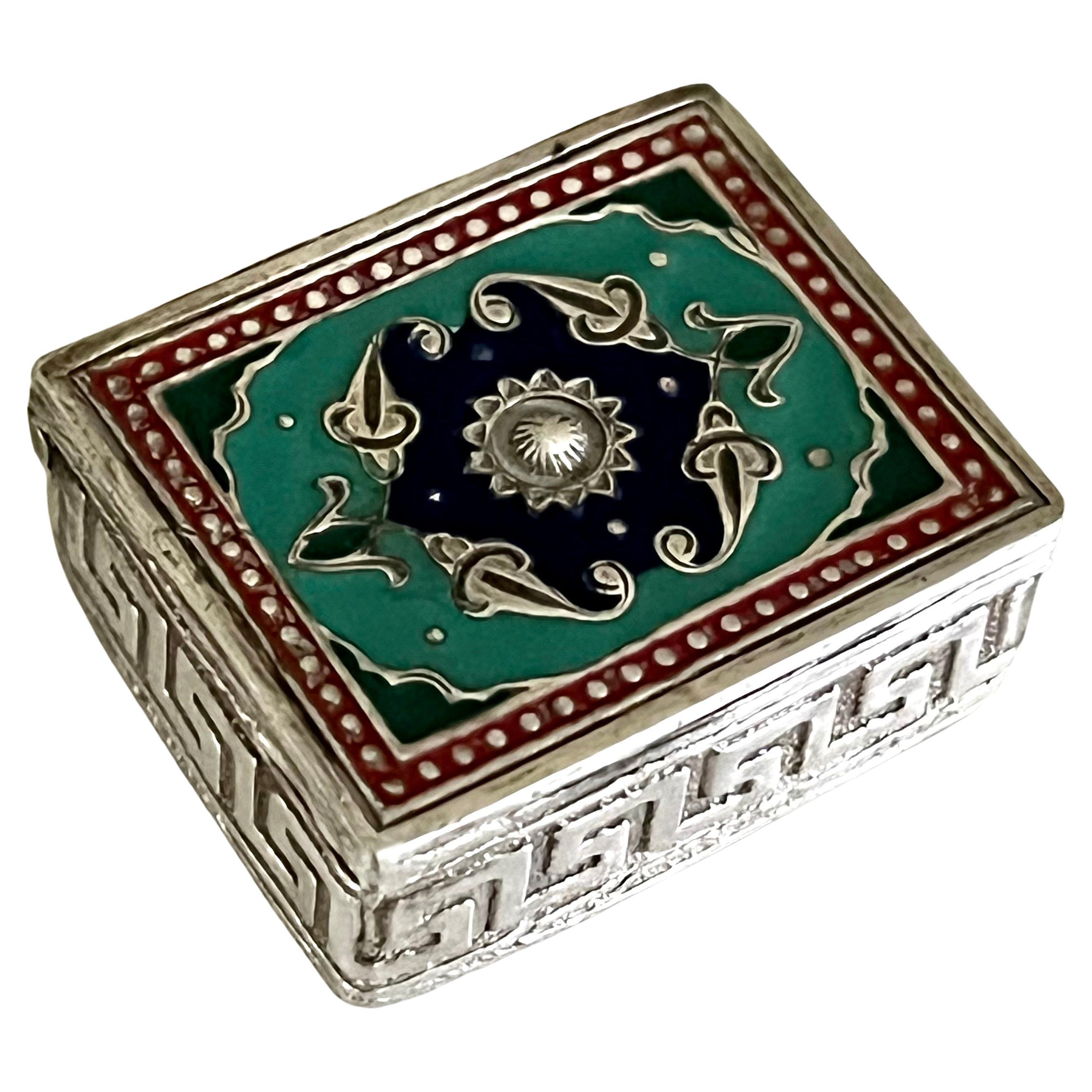 Sterling and Enamel Snuff or Pill Box with Greek Key Detailing For Sale