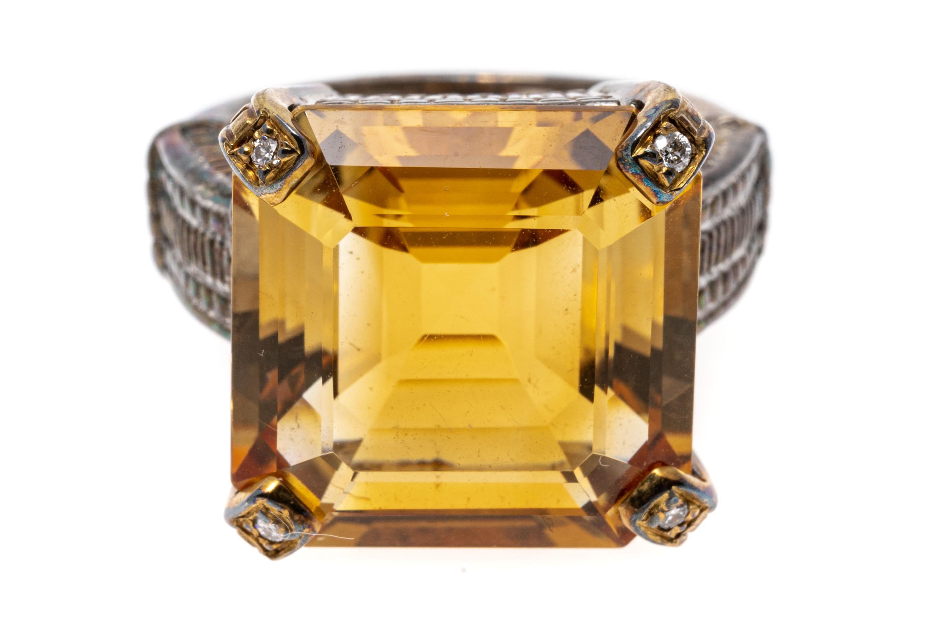 Sterling and Gold Square Citrine 'App. 13.74 Cts' and Diamond Ring In Good Condition For Sale In Southport, CT