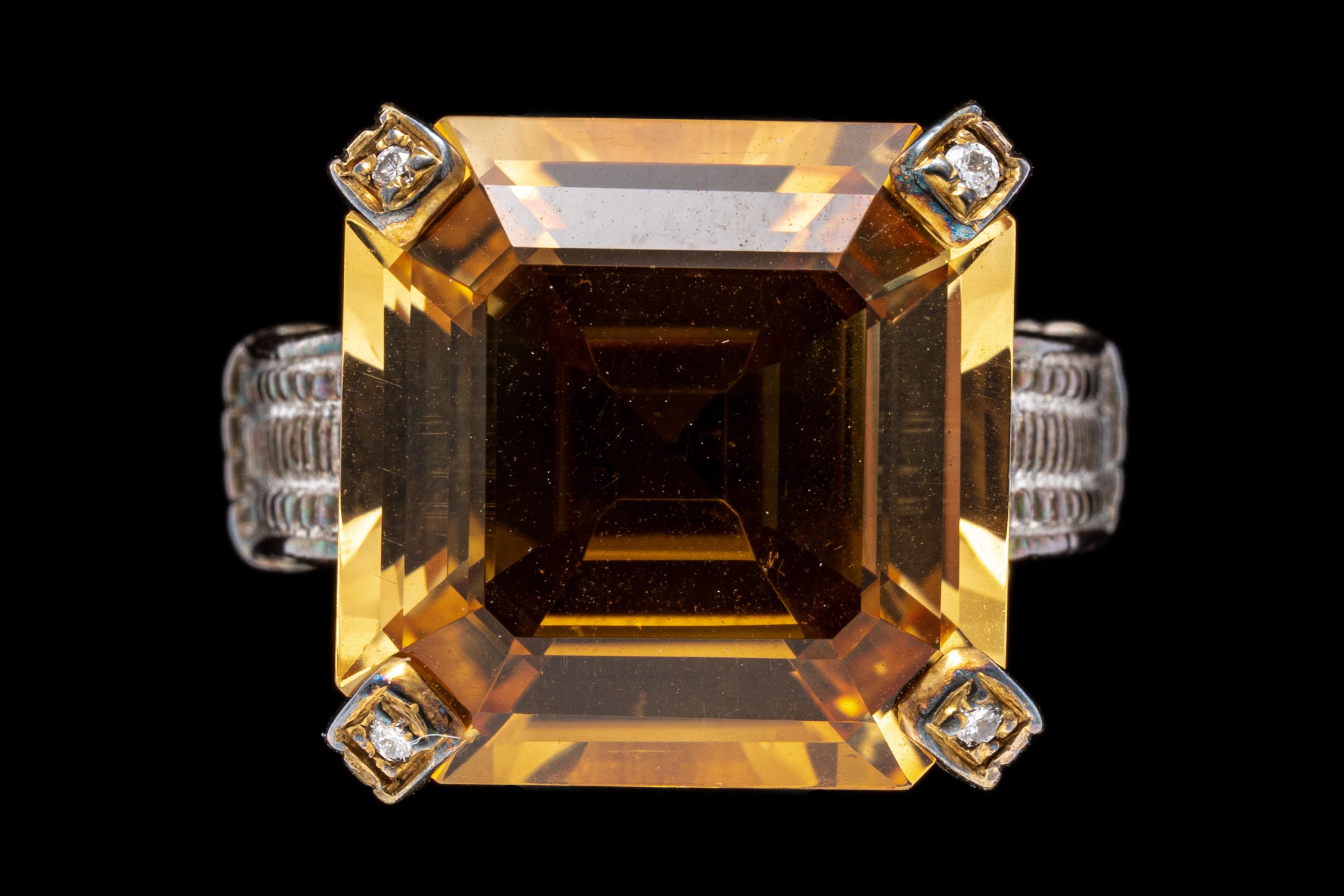 Sterling and Gold Square Citrine 'App. 13.74 Cts' and Diamond Ring For Sale 1