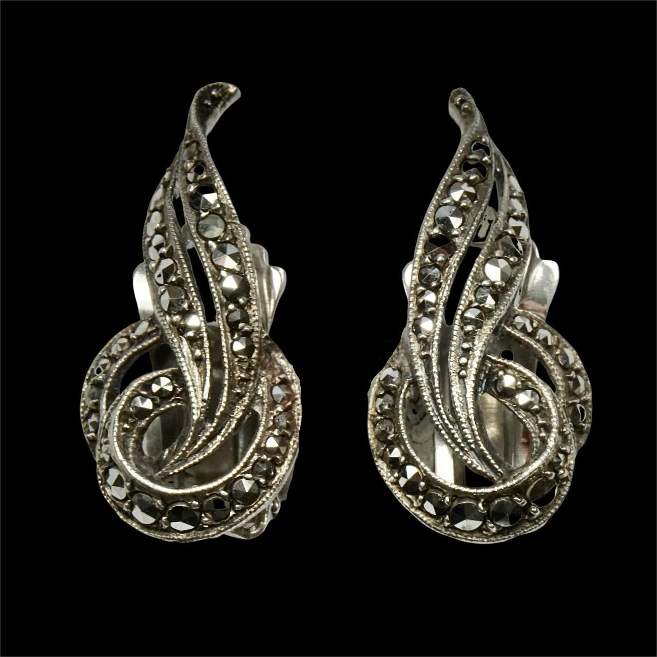 Sterling and Marcasite Leaf Design Clip On Earrings For Sale 6