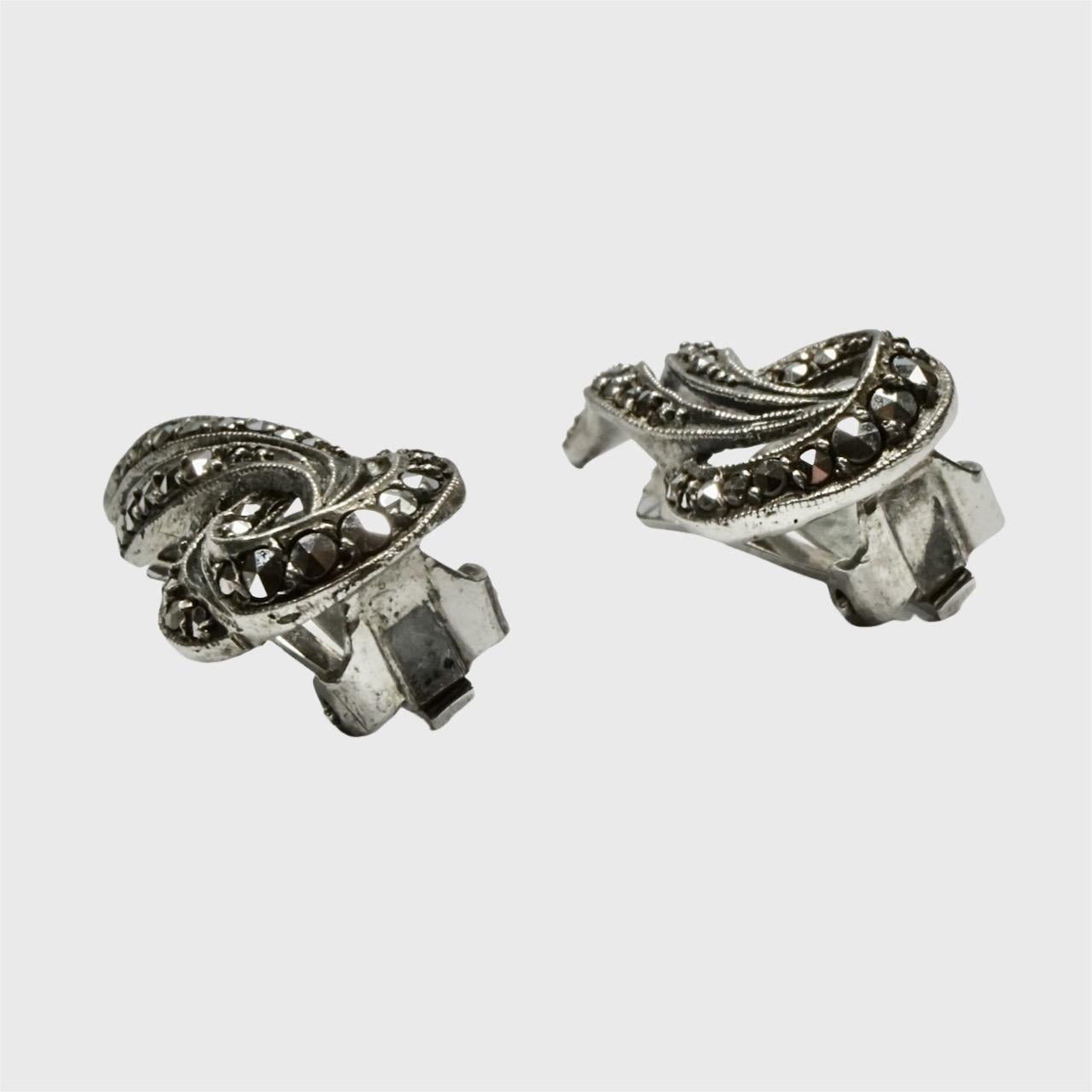 Round Cut Sterling and Marcasite Leaf Design Clip On Earrings For Sale