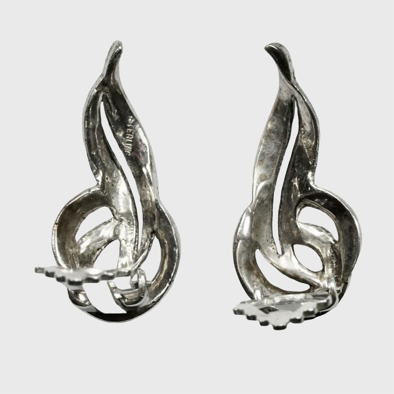 Sterling and Marcasite Leaf Design Clip On Earrings For Sale 1