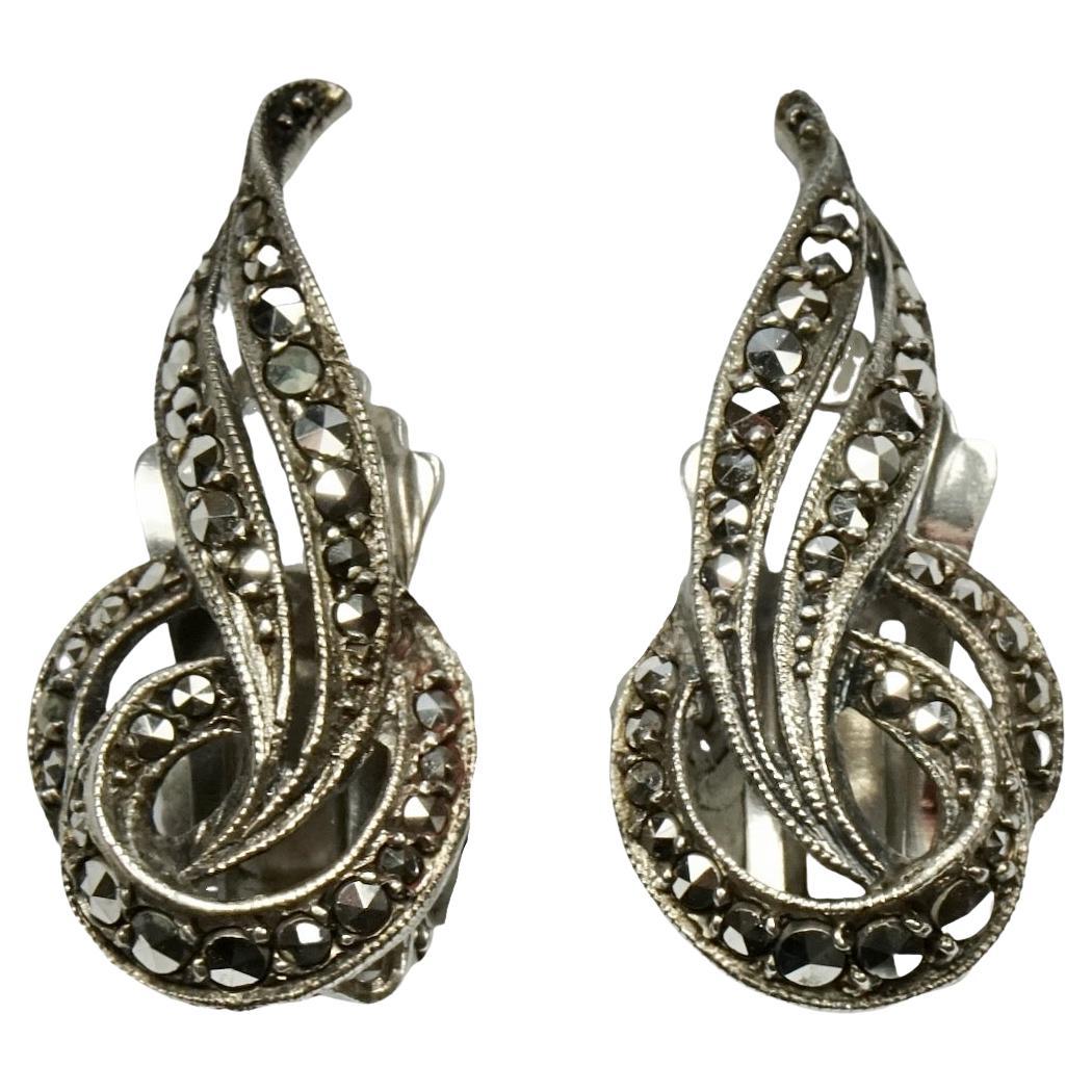 Sterling and Marcasite Leaf Design Clip On Earrings