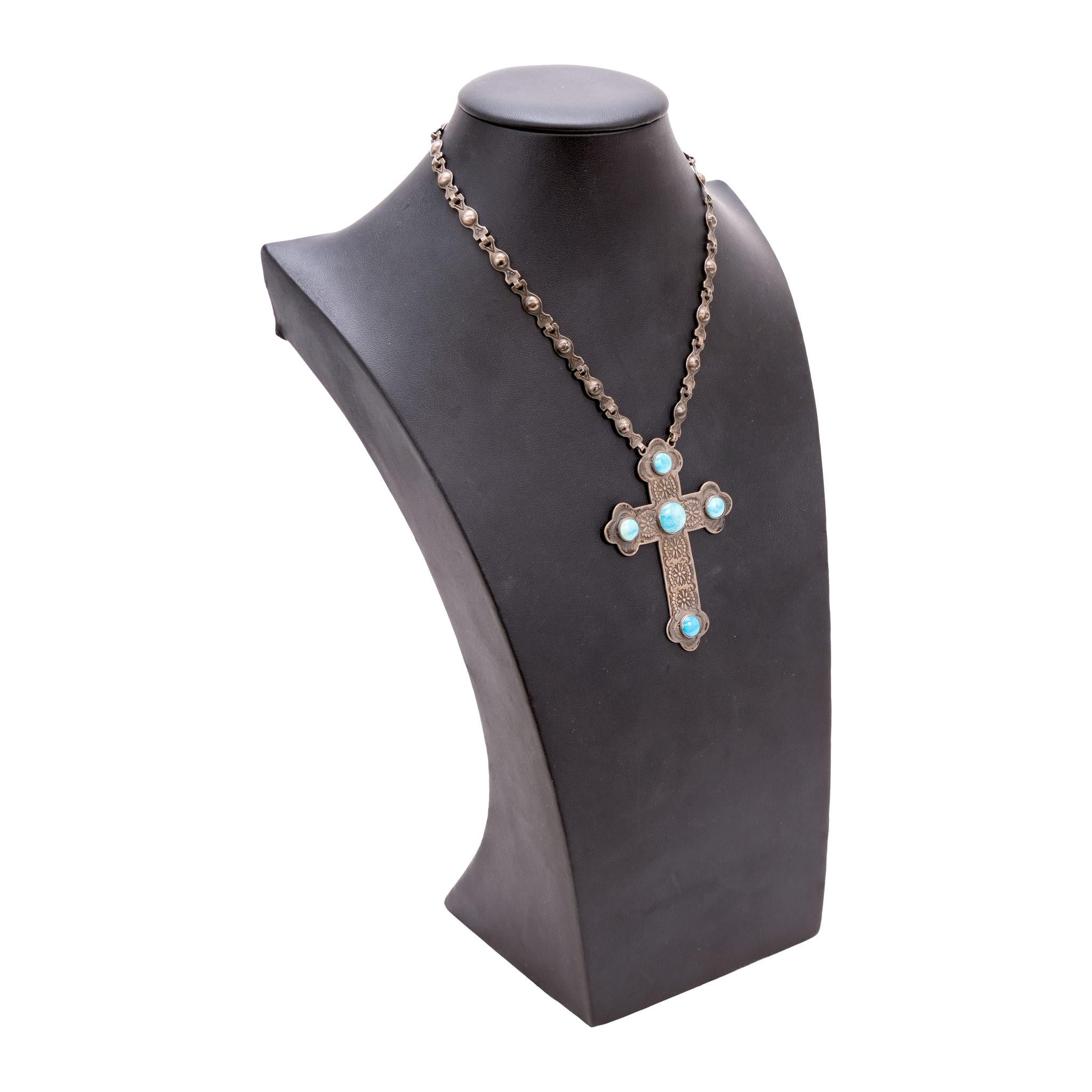 Kreuz Halskette aus Sterling und Türkis (Indigene Kunst (Nord-/Südamerika)) im Angebot