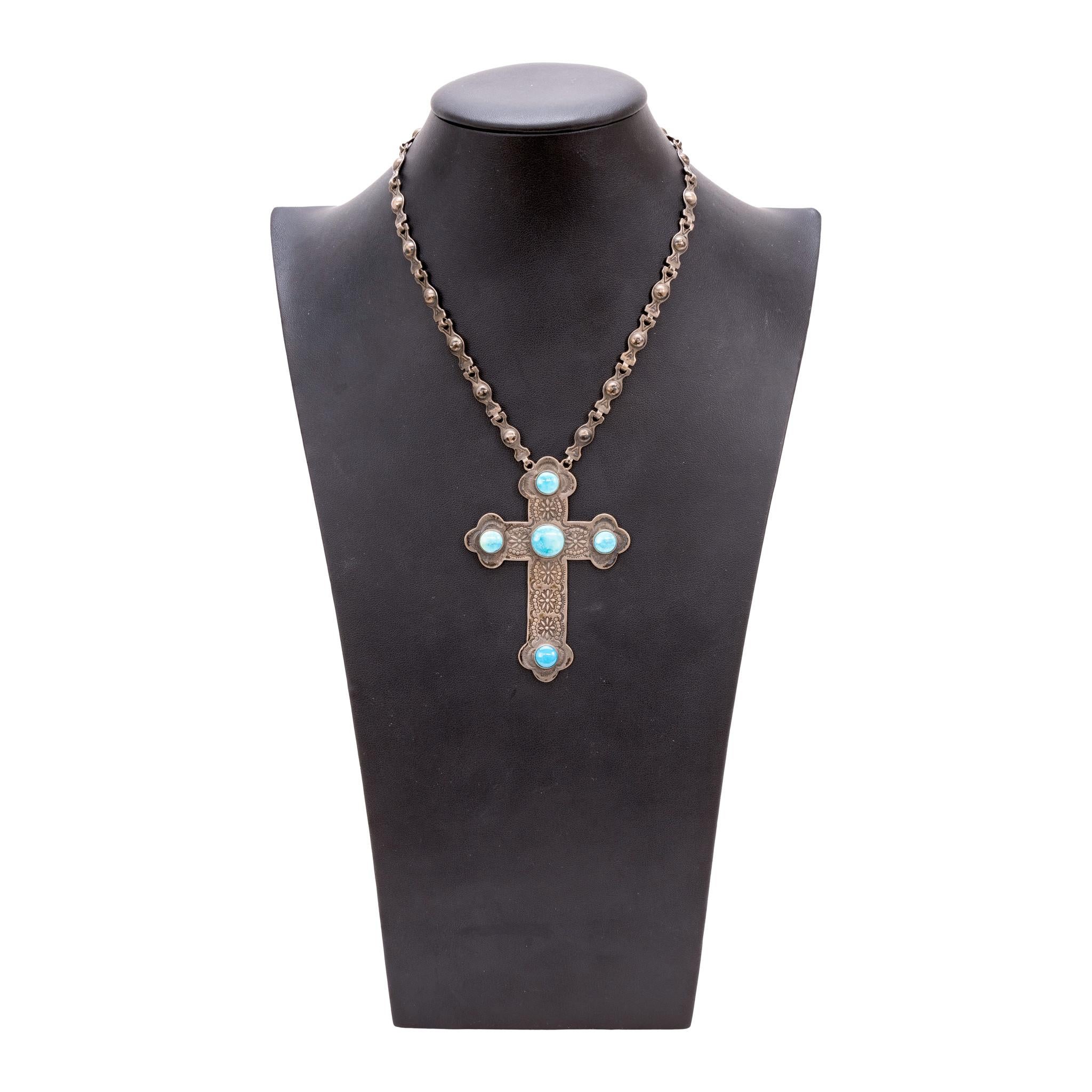 Kreuz Halskette aus Sterling und Türkis (Rundschliff) im Angebot
