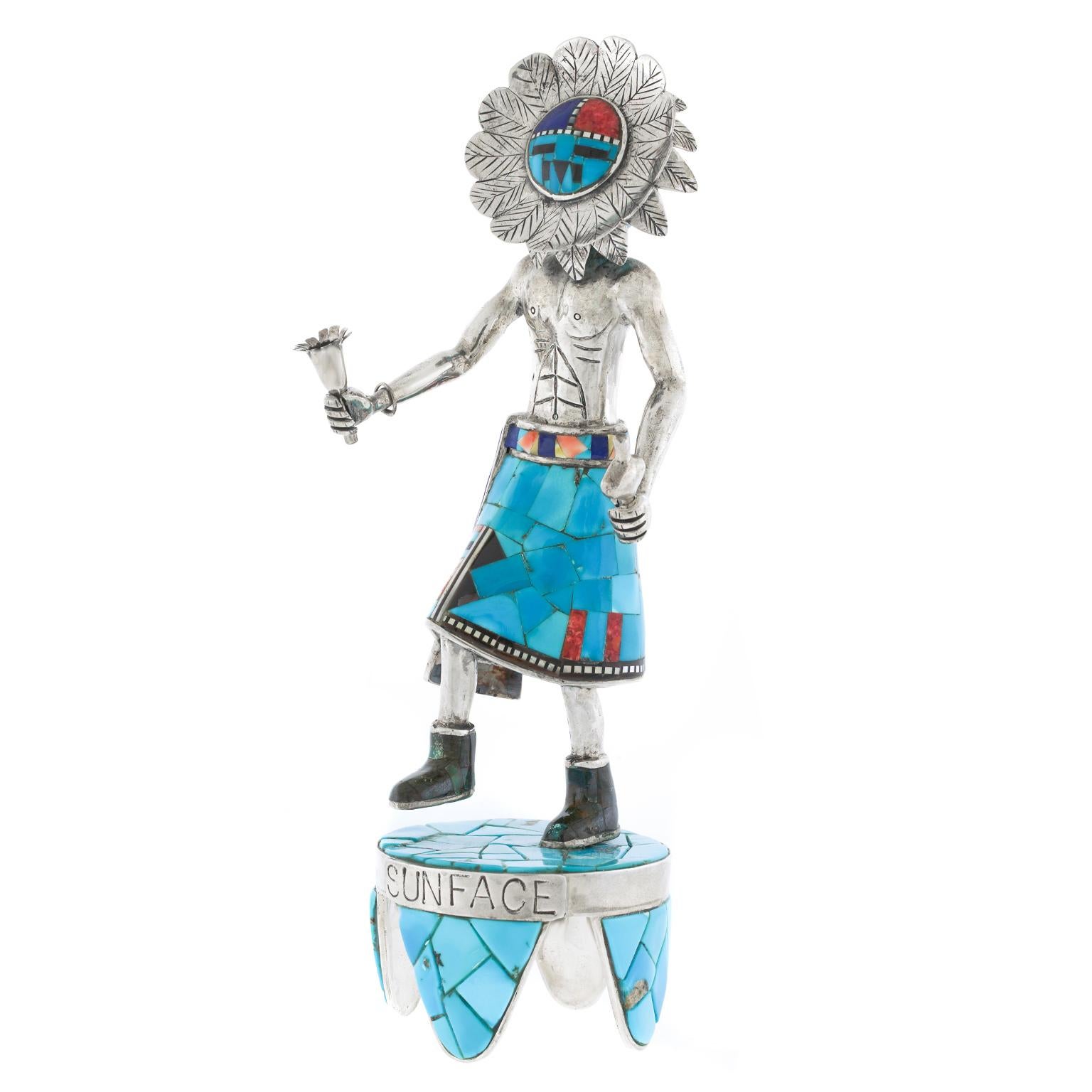 Native American Sterling and Turquoise Navajo Sunface Dancer For Sale