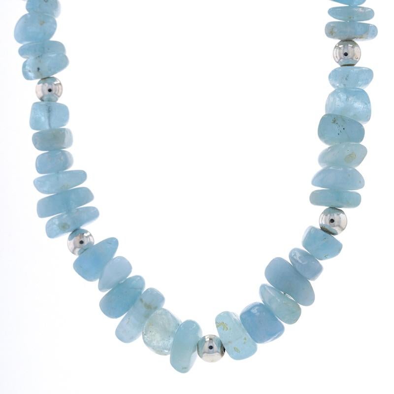 Metal Content: Sterling Silver

Stone Information
Natural Aquamarines
Treatment: Heating
Cut: Tumbled
Color: Blue

Style: Graduated Beaded Strand
Fastening Type: Lobster Claw Clasp

Measurements
Adjustable length: 16