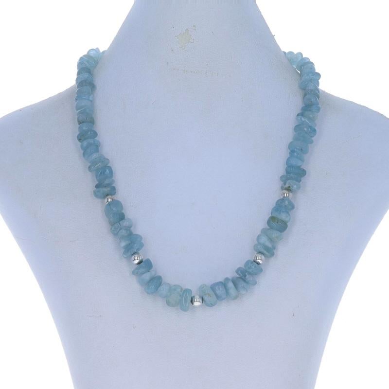 Sterling Aquamarine Graduated Beaded Strand Necklace - 925 Tumbled Adjustable In Excellent Condition For Sale In Greensboro, NC