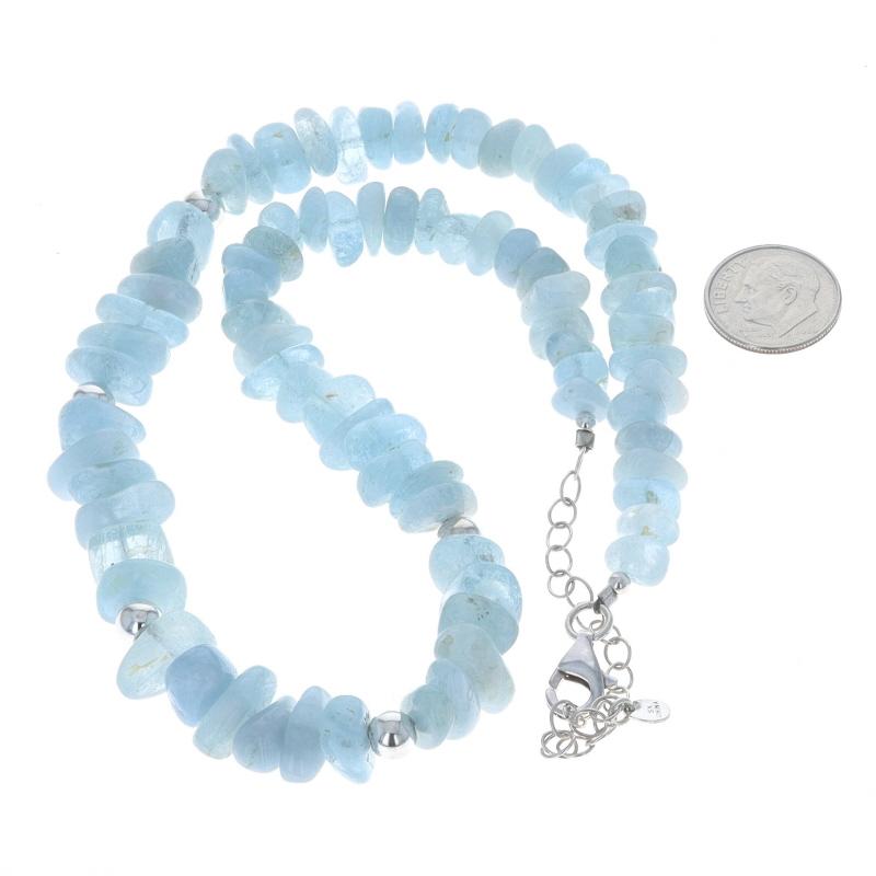 Women's or Men's Sterling Aquamarine Graduated Beaded Strand Necklace - 925 Tumbled Adjustable For Sale