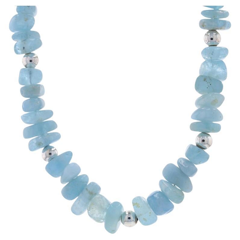 Sterling Aquamarine Graduated Beaded Strand Necklace - 925 Tumbled Adjustable For Sale