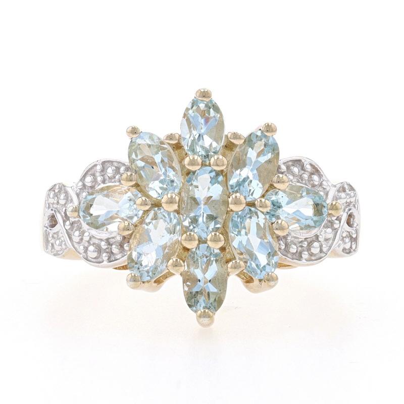 Size: 9

Metal Content: Sterling Silver

Stone Information
Natural Aquamarines
Treatment: Heating
Carat(s): 1.53ctw
Cut: Oval
Color: Blue

Natural White Topaz
Carat(s): .04ctw
Cut: Round

Total Carats: 1.57ctw

Style: Cluster Cocktail with