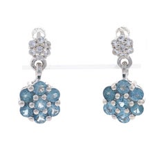 Sterling Aquamarine &White Topaz Cluster Halo Dangle Earrings 925 1.30ctw Floral