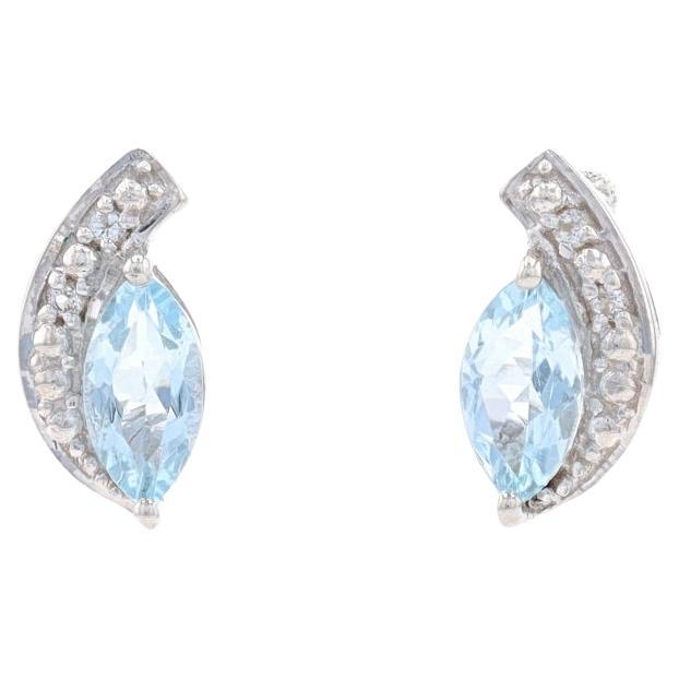 Sterling Aquamarine & White Topaz Short Drop Earrings - 925 Marquise Pierced