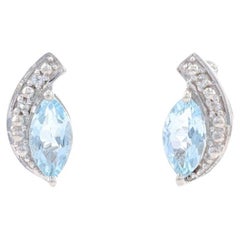 Sterling Aquamarine & White Topaz Short Drop Earrings - 925 Marquise Pierced