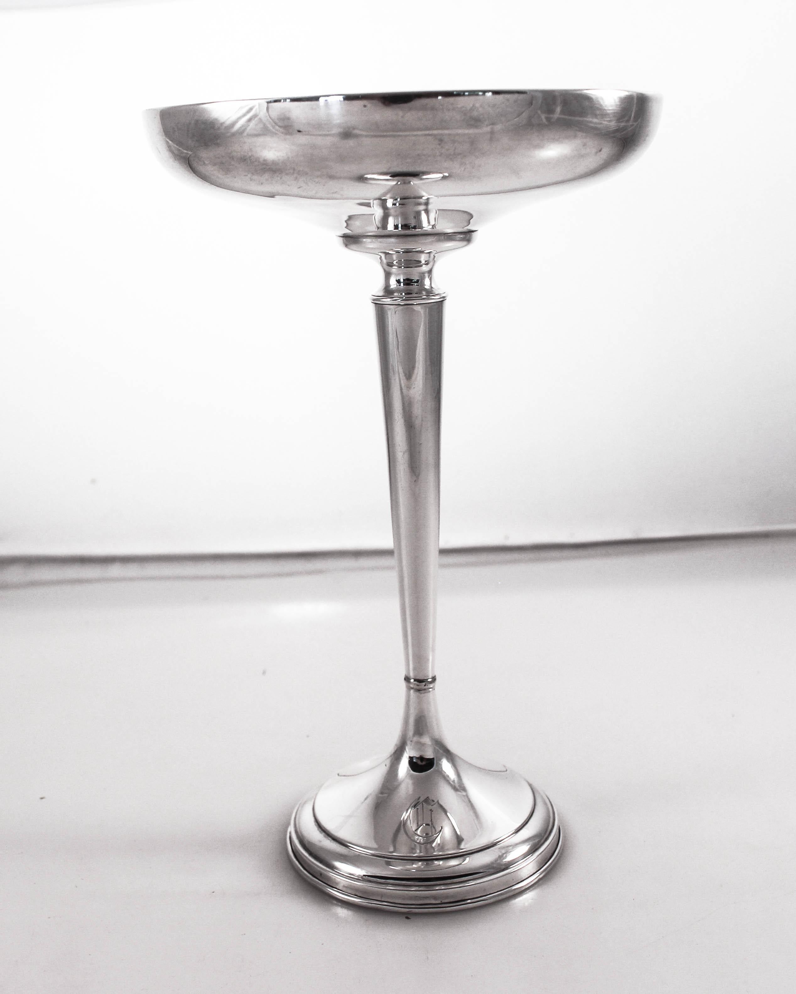 We are thrilled to offer this pair of Art Deco sterling silver compotes by Redlich & Co. They are tall with a tapered stem. The top has a curved shape that compliments the tapered stem and base. They are sleek and all about the shape. A smart