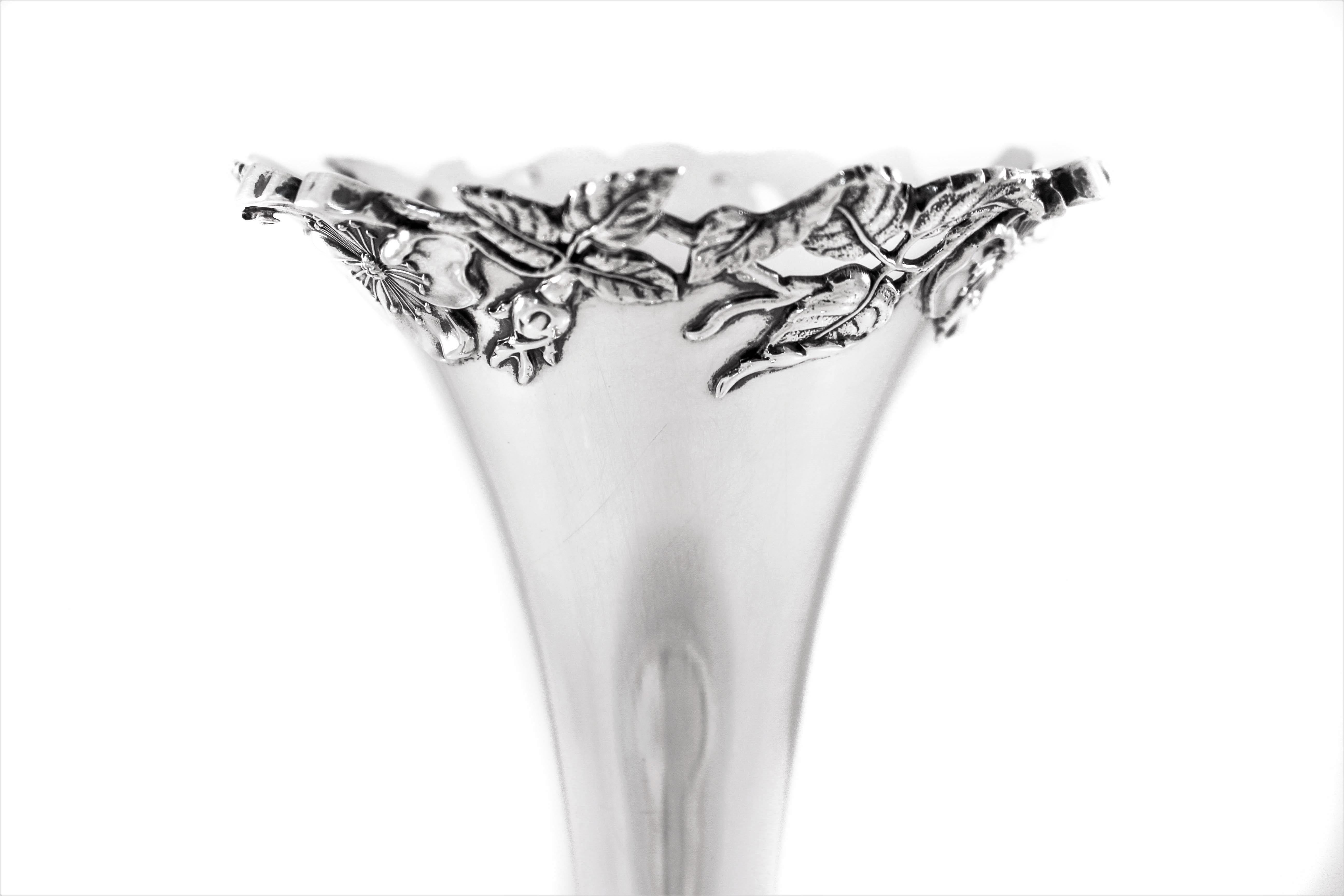 We are proud to offer this sterling silver Art Nouveau vase, signed 1895. Over 125 years old, this vase was made during Grover Cleveland’s presidency.
Art Nouveau was at its pinnacle and this piece is the quintessential style of that period. Early