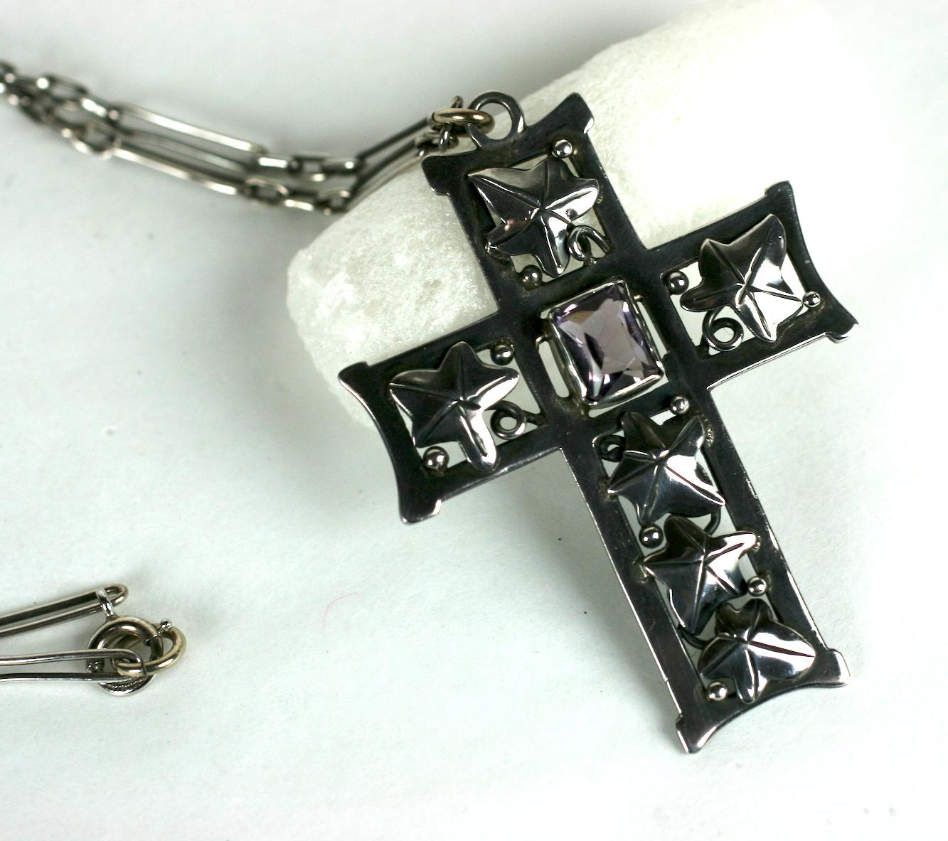 Sterling Arts and Crafts Amythest Cross, Stavre Gregor Panis In Good Condition For Sale In New York, NY