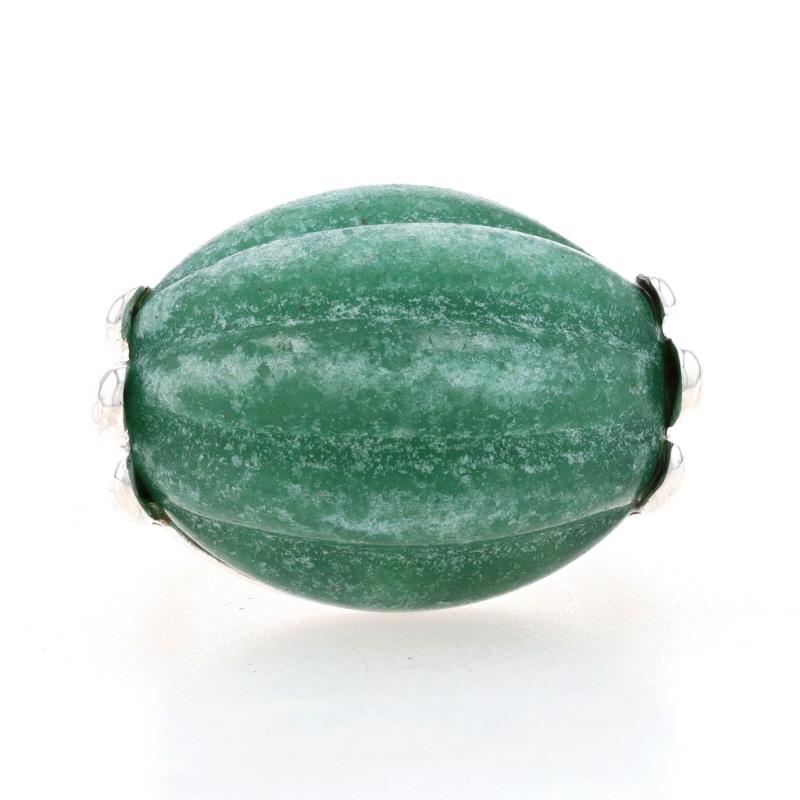Size: 6 1/2

Metal Content: 925 Sterling Silver

Stone Information

Natural Aventurine Quartz
Cut: Carved
Color: Green

Style: East-West Cocktail Solitaire 
Features:  Ribbed detailing on Shoulders

Measurements

Face Height (north to south): 19/32