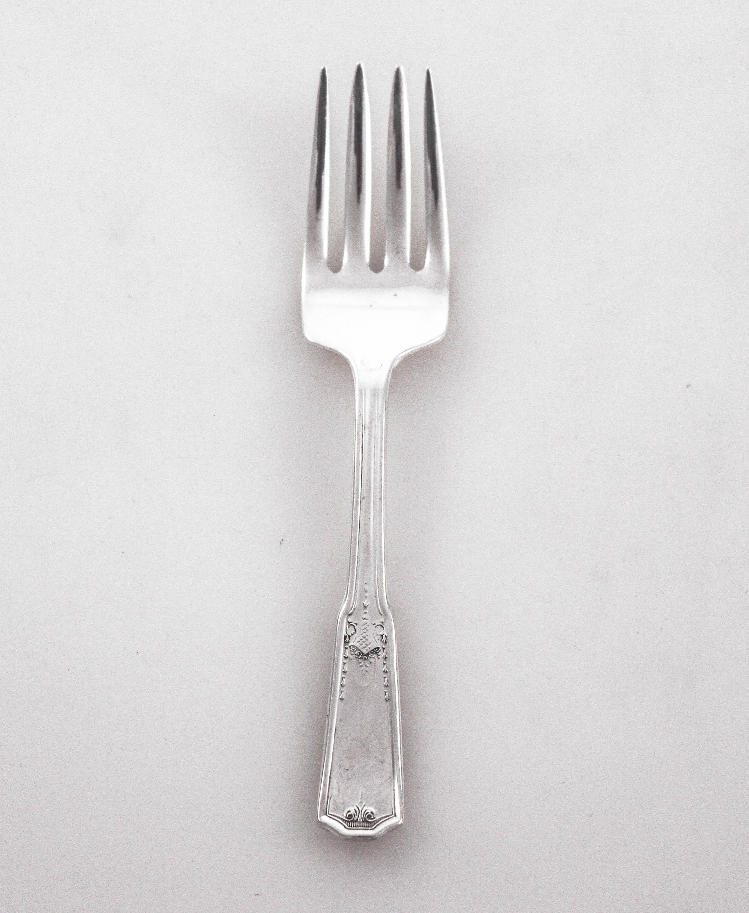 We are happy to offer this sterling silver baby fork and spoon set by International Silver. A simple and elegant baby fork and spoon set that is unisex. Give the new born baby something they will have long after they’ve outgrown the baby clothing