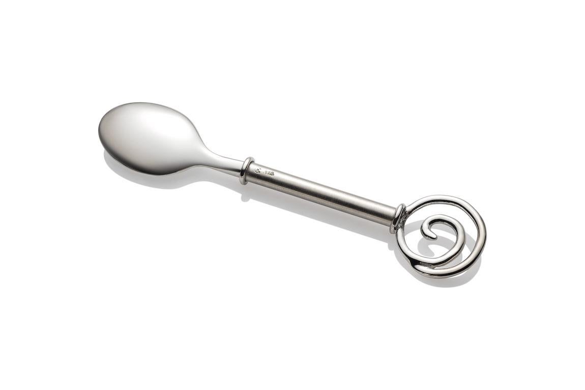 Sterling .925 baby spoon with Spiral teething end is a dual purpose baby spoon !  The spoon bowl is the perfect size for liittle mouths.  The spiral teething end gives teething babies something to nosh on. All parts of this baby spoon are made with