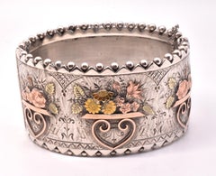 Sterling Bangle with 2  Flower Vases Accented in Rose &Yellow Gold  C1880