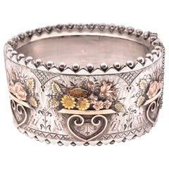 gold vases Sterling Bangle with 2 Flower Vases Accented in Rose &Yellow Gold C1880
