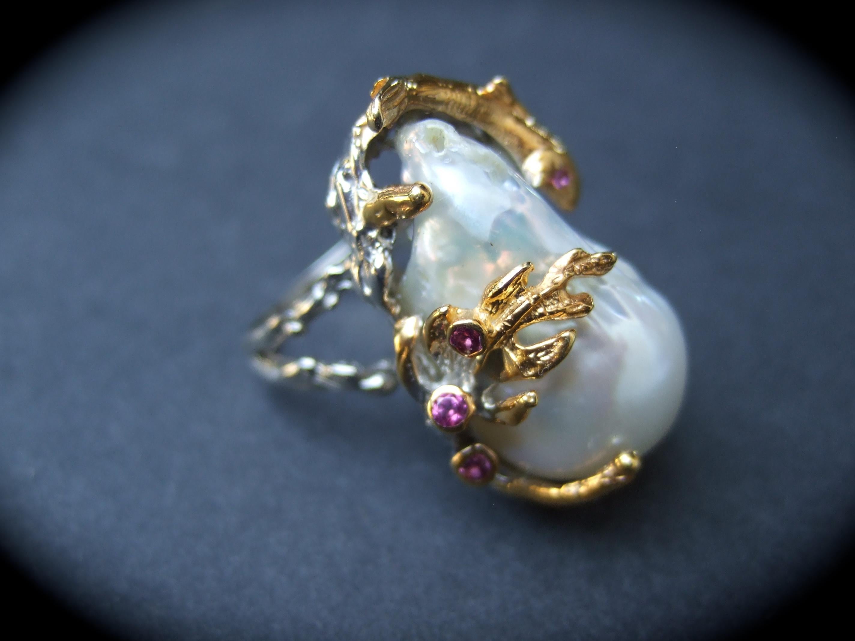 Sterling Baroque Fresh Water Pearl Artisan Ring Size 9 21st c For Sale 1